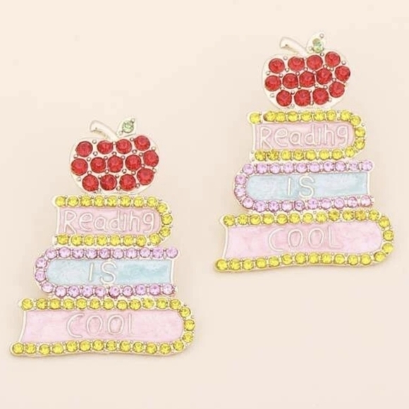 Book and Apple Drop Charm Reading is Cool Rhinestone Earrings in Blue & Pink NWT - Picture 2 of 5